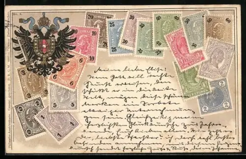 Präge-AK Österreichisches Wappen, Briefmarken verschiedener Werte