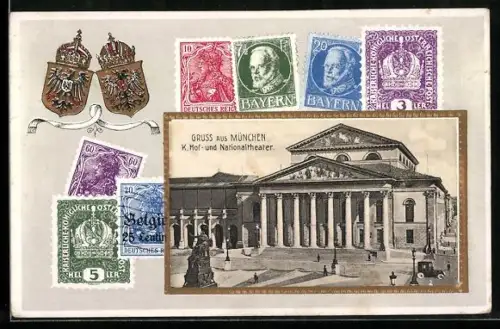AK München, K. Hof- und Nationaltheater, Briefmarken-Passepartout