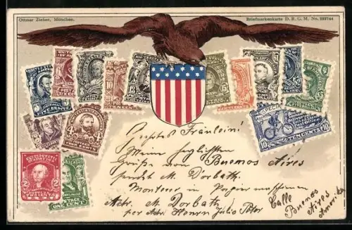 Präge-AK Adler und US-amerikanisches Wappenschild, verschiedene Briefmarken der USA