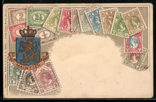 Präge-AK Wappen des niederländischen Königshauses, verschiedene niederländische Briefmarken