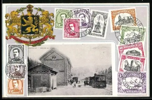 AK Houffalize, Zug am Bahnhof, Briefmarken
