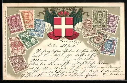 AK Italienisches Wappen und italienische Briefmarken verschiedener Werte