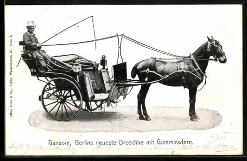 AK Berlin, Hansom, Berlins neueste Droschke mit Gummirädern