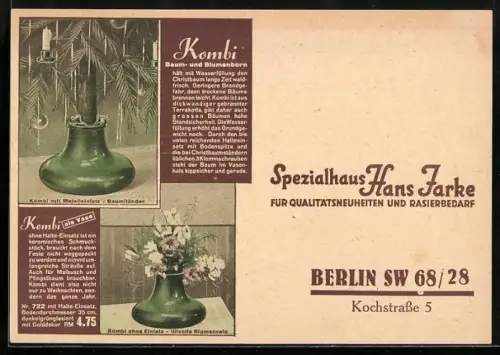 AK Berlin, Spezialhaus Hans Jarke für Qualitätsneuheiten und Rasierbedarf, Kochstrasse 5, Reklame