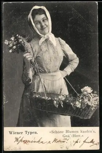 AK Wien, Blumenverkäuferin mit einem Korb voller Blumen