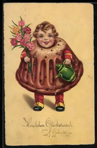 AK Kind mit Nelken und Kaffekanne steckt in einem Geburtstagskuchen