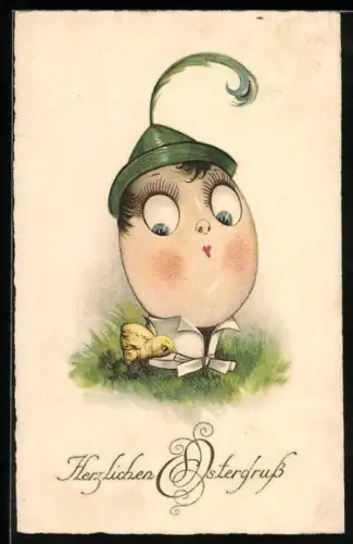 Künstler-AK Osterei mit Gesicht neben einem kleinen Osterküken