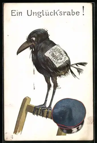 Künstler-AK Weinender Rabe mit einem Papier vom Gerichtsvollzug