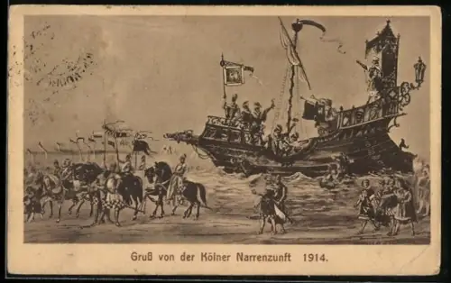 AK Kölner Narrenzunft 1914, Ritter mit Schiff und zu Pferde, Fasching