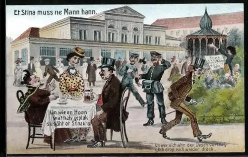 AK Kölner Karneval, Liedtext Et Stina muss ne Mann hann, Paar sitzt an einem Tisch, Fasching