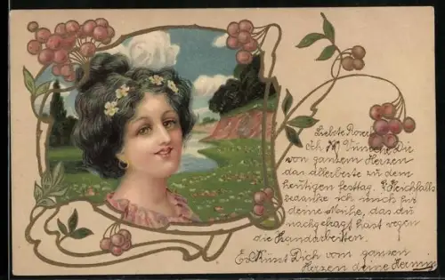 AK Dame mit Blumen im Haar, Jugendstil
