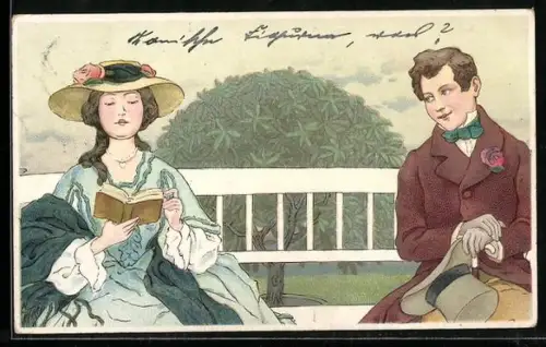 AK Lesende Dame und eleganter Herr, Jugendstil