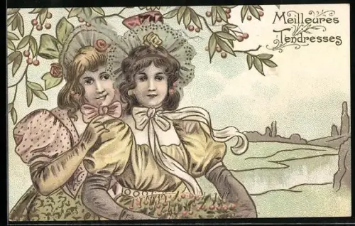 AK Junge Frauen in eleganten Kleidern, Jugendstil