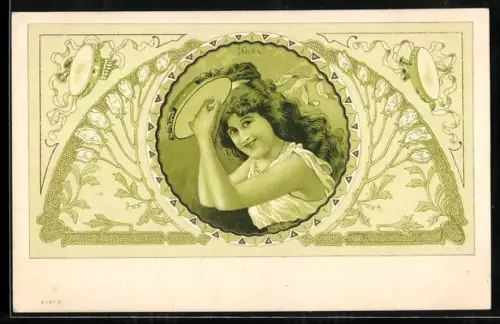 AK Junge Frau mit Tambourin, Jugendstil