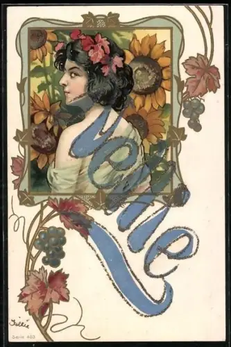AK Dame mit Weinblättern im Haar, Jugendstil