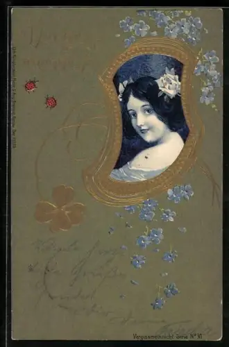 AK Vergissmeinnicht, Lächelnde Schöne mit Rosen im Haar, Jugendstil