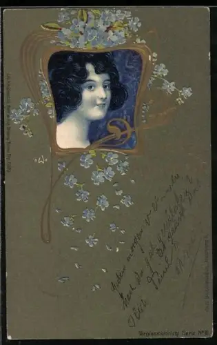 Lithographie Junge Frau im Goldrahmen mit Vergissmeinicht-Blüten, Jugendstil