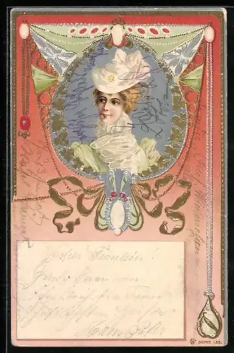 AK Dame mit elegantem Hut, Jugendstil