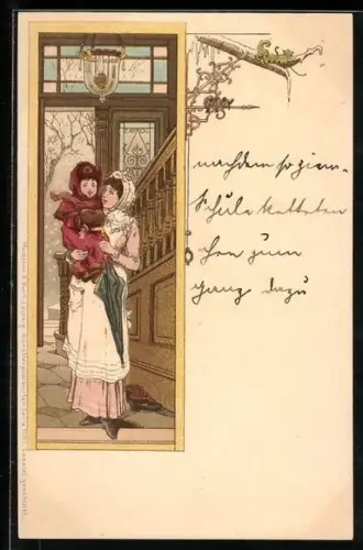 AK Dame mit Schirm und Kind, Jugendstil
