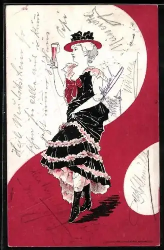 AK Dame mit Champagnerglas, Jugendstil