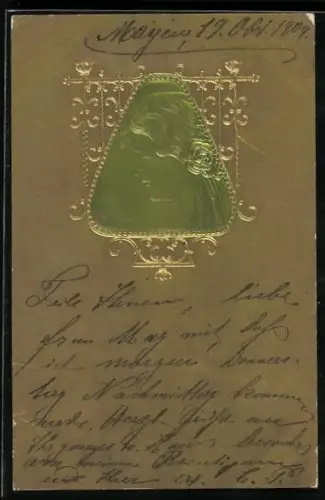 AK Dame mit Rosenblüte im Haar, Jugendstil