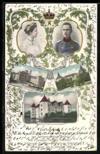 AK Herzog Carl Eduard von Sachsen-Coburg-Gotha und Gemahlin Prinzessin Victoria Adelheid im Porträt, Schloss Glücksburg