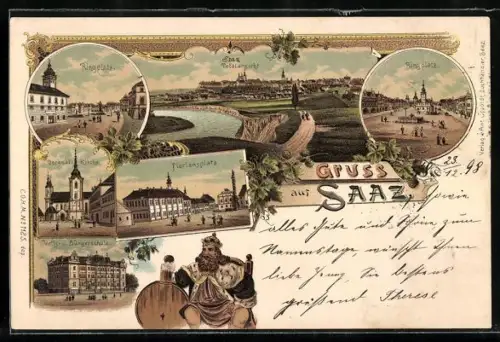 Lithographie Saaz, Floriansplatz, Volks- und Bürgerschule, Ringplatz, Decanal-Kirche