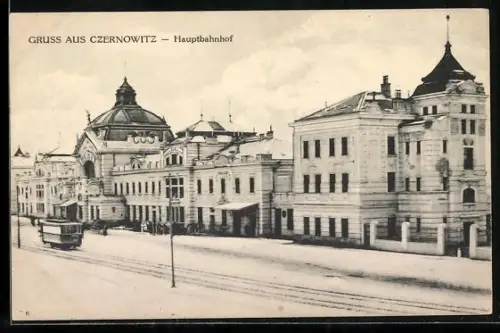 AK Czernowitz, Strassenbahn vor dem Hauptbahnhof