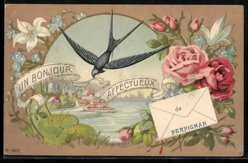 AK Perpignan, Un bonjour affectueux avec fleurs et hirondelle