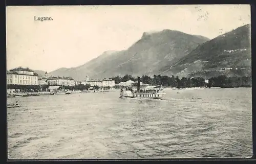 AK Lugano, Panorama mit Dampfer