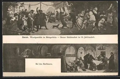 AK Zürich, Bauers Hotel garni & altbaierisches Gasthaus Metzgerbräu, Wandgemälde: Berner Schützenfest im 14. Jahrhundert