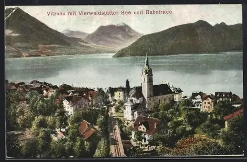 AK Vitznau, Gesamtansicht mit Bahntrace und Vierwaldstättersee
