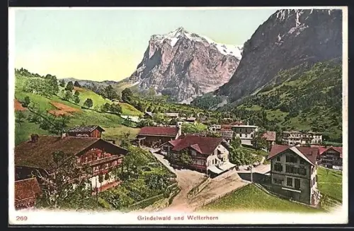 AK Grindelwald, Ortsansicht mit Wetterhorn