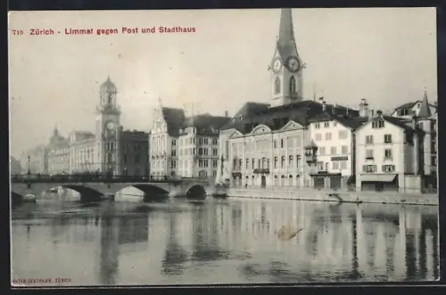 AK Zürich, Limmat gegen Post und Stadthaus
