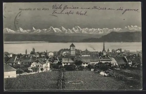 AK Neuveville, Panorama et les Alpes