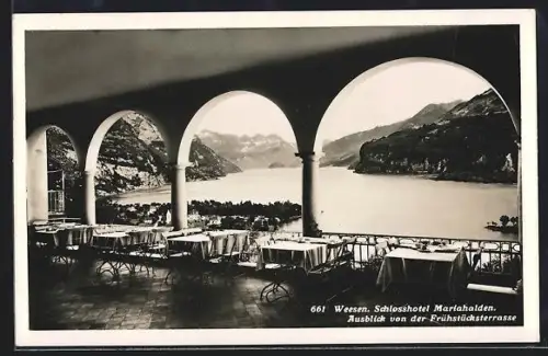 AK Weesen, Schlosshotel Mariahalden, Ausblick von der Frühstücksterrasse