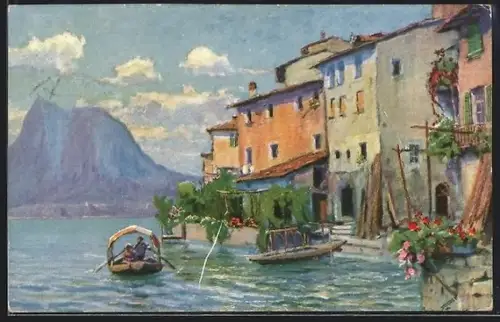 Künstler-AK Gandria, Panorama mit Booten