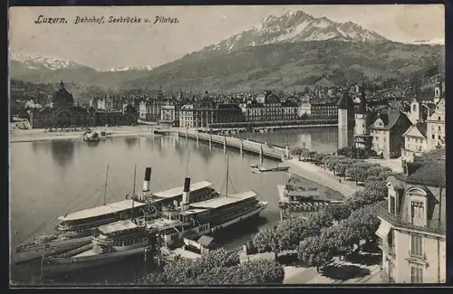 AK Luzern, Seebrücke u. Pilatus, Dampfer