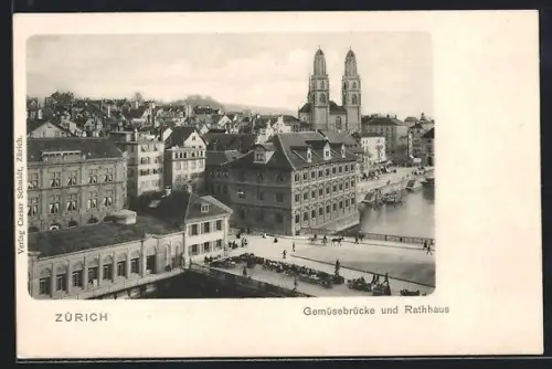 AK Zürich, Gemüsebrücke, Kirche und Rathaus