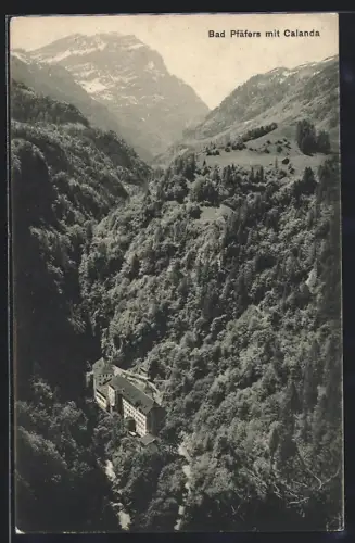 AK Bad Pfäfers, Ortspartie mit Calanda aus der Vogelschau