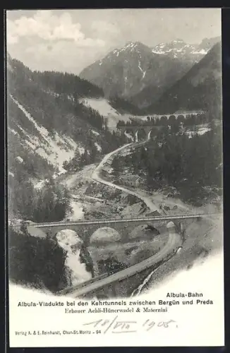AK Bergün, Albula-Viadukte bei den Kehrtunnels zwischen Bergün und Preda, Albula-Bahn