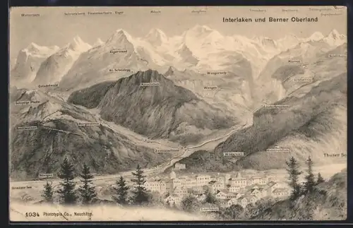 AK Interlaken, Ortsansicht und Berner Oberland mit Gipfelpanorama