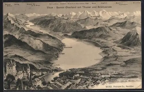 AK Thun, Ortsansicht mit Thuner und Brienzersee