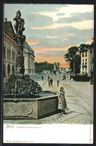 AK Bern, Kindlifresserbrunnen bei Abendstimmung