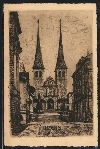 Künstler-AK Luzern, Hofkirche mit Strassenpartie