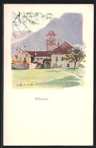 Künstler-AK Villeneuve /VD, Ortspartie mit Kirche