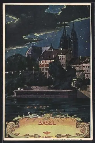 Künstler-AK Basel, Teilansicht mit Münster bei Nacht