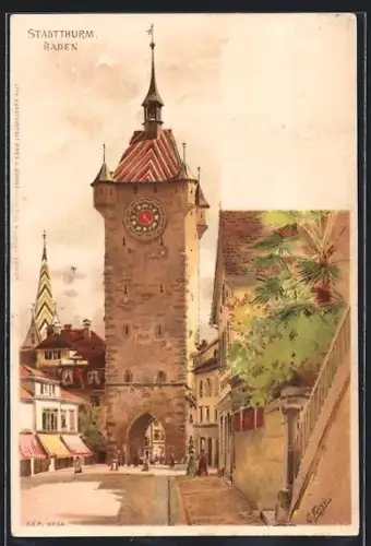 Künstler-AK Baden, Stadtturm, idyllische Strassenpartie