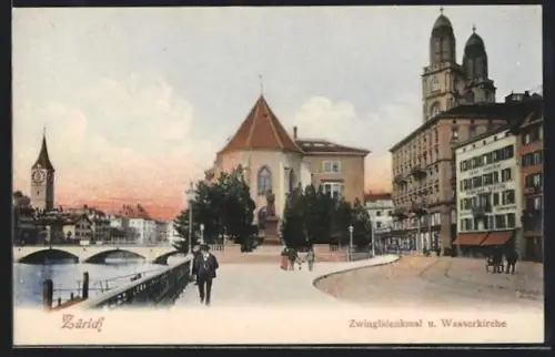 AK Zürich, Zwinglidenkmal und Wasserkirche