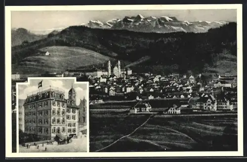 AK Einsiedeln, Ortspanorama und Hotel Roter Ochsen